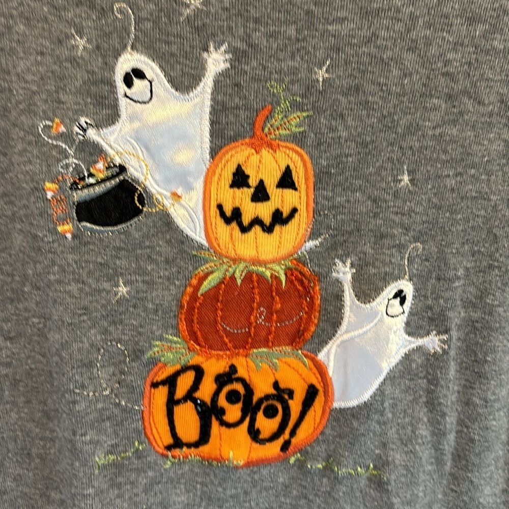 HALLOWEEN L/S GREY HEATHERED TEE SHIRT WHITE BUILT IN COLLAR & BOTTOM HEM - Picture 2 of 5